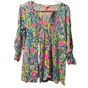 Lilly Pulitzer Tunic Top Long Sleeve V Neck Pink‎ Green Blue Size Small 4-6